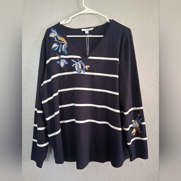 Chico's Sweaters - Chico's NWT  Ember Stripe Floral Embroidered Popover V Neck Sweater 4/XXL
